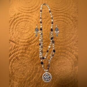 Carolee Black and Cream Multi-Strand Necklace with Filigree Pendant and Earrings